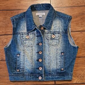 Love Republic Juniors Medium denim jeans vest with animal print